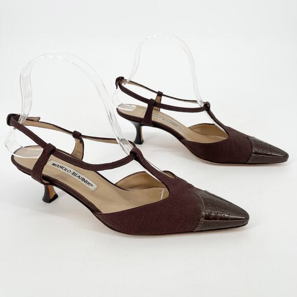 Manolo Blahnik Shoes - Manolo Blahnik Vintage Brown Pointed Cap Toe T-Strap Kitten Heel Pump IT 37